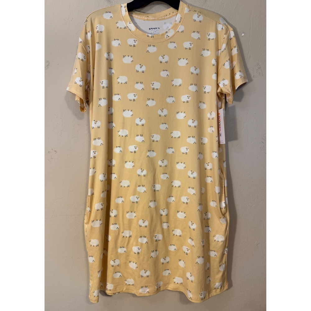Joyspun Nightgown Women S/M Yellow Sheep Print Sleep‎ Shirt Dress Pockets NEW